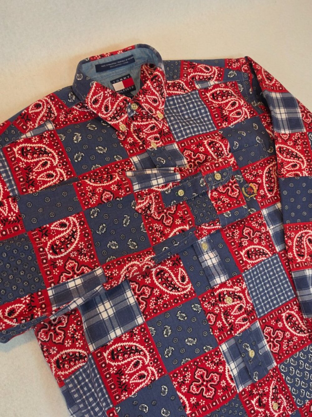 Vintage Tommy Hilfiger Bandana Patchwork Button Down Shirt Large Red Blue